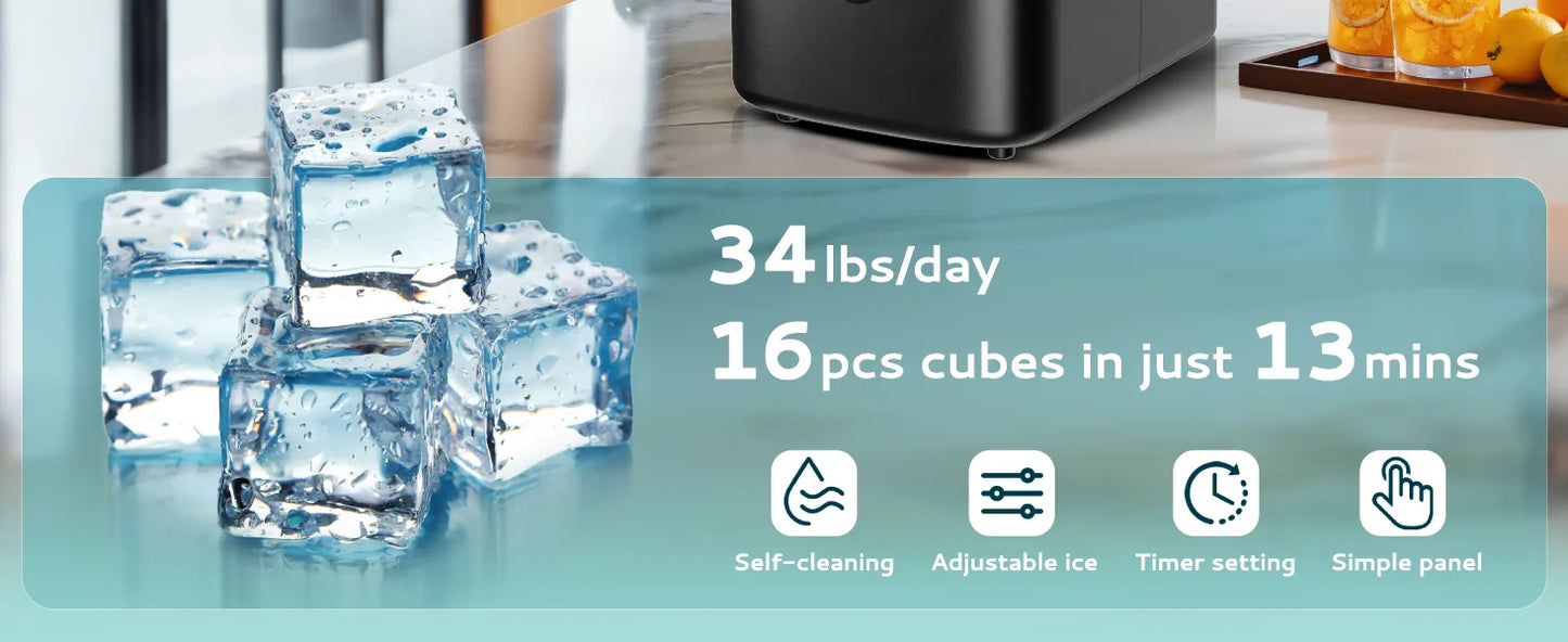 ICEGLEE Ice Cube Maker Machine with External 34Lbs Water Tank 16Pcs Ready in 13 Mins 2 Ways to Add Water for Home Kitchen Office