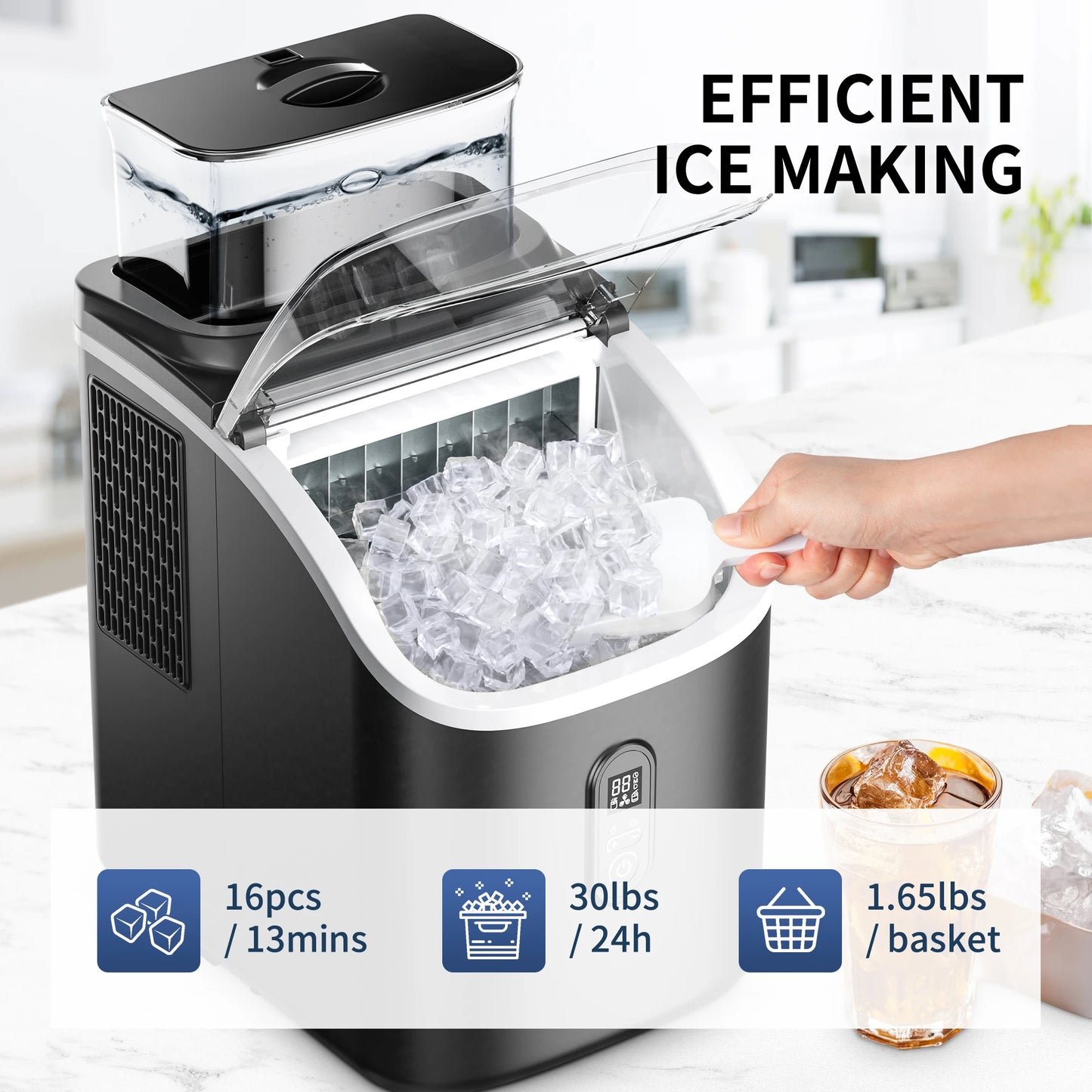 ICEGLEE Ice Cube Maker Machine with External 34Lbs Water Tank 16Pcs Ready in 13 Mins 2 Ways to Add Water for Home Kitchen Office
