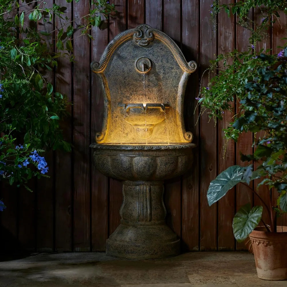 49 Inch Tall 2 Tier European-Style Outdoor Wall Waterfall Fountain with LED Lights and Pump