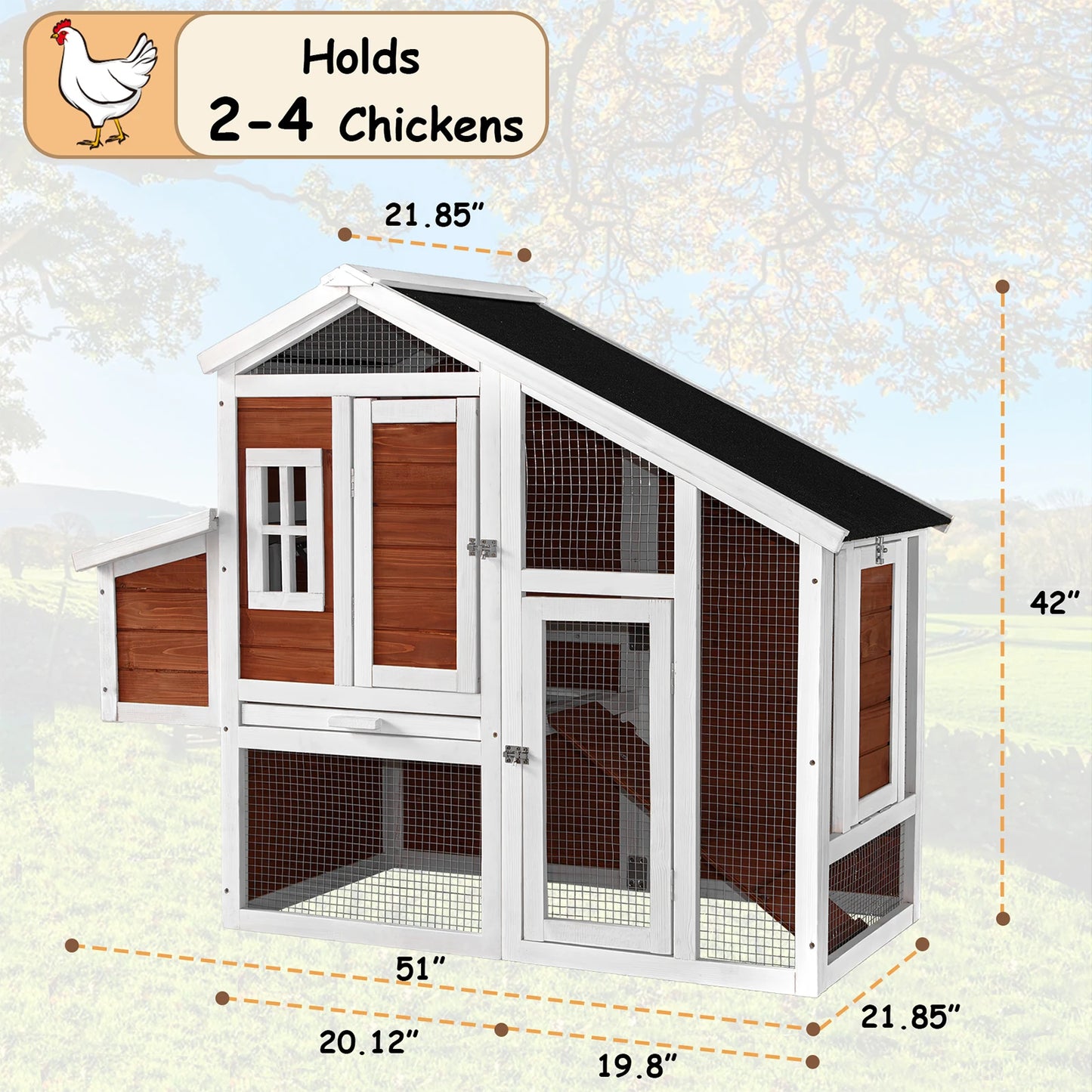 Chicken Coop, 51" Chicken Hen House, Wooden Poultry Cage with Large Nesting Box,