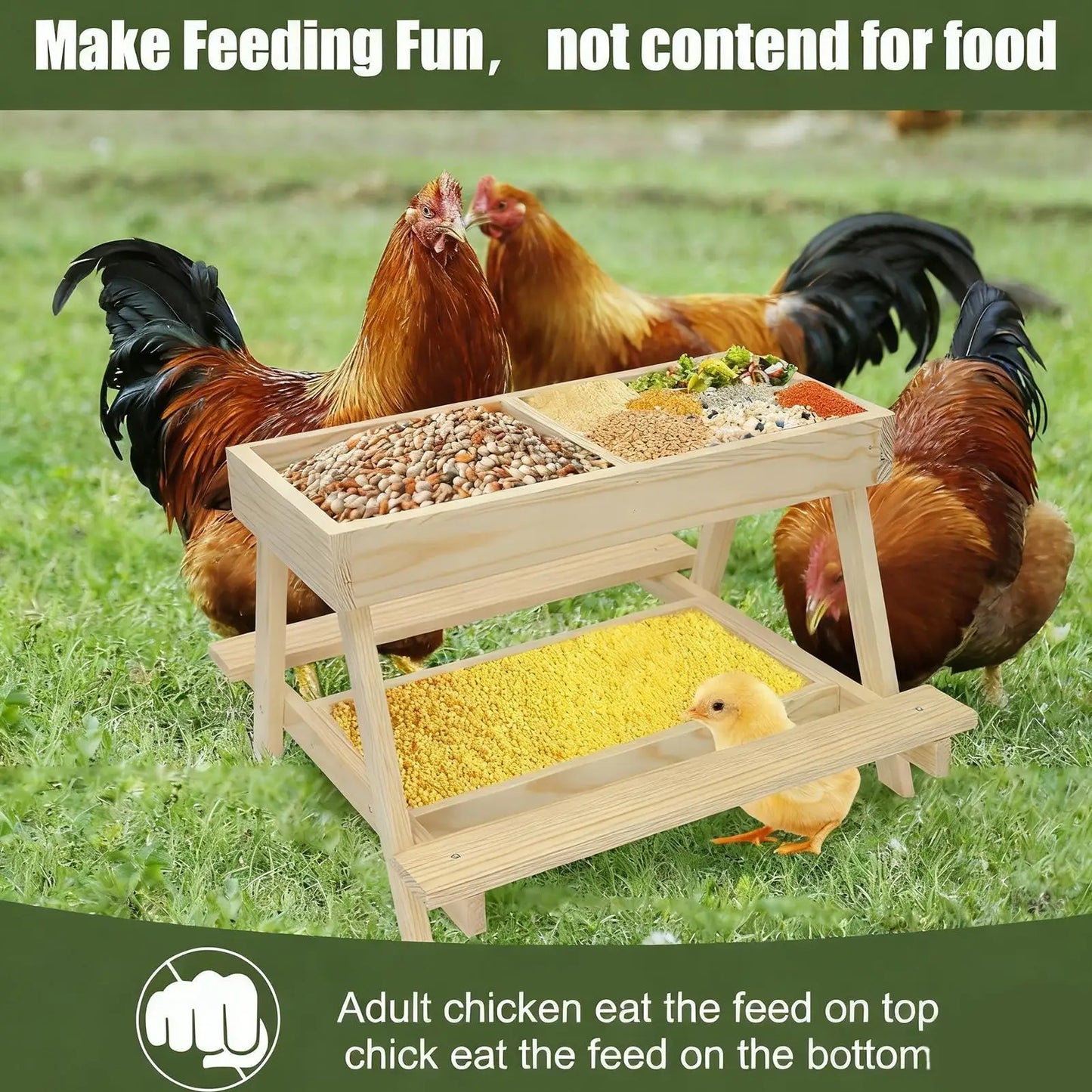 Chicken Picnic Table Double Layer Feeding Table Handmade Wooden Chicken Coop Feeder with 4 Grids for Poultry Ducks Turkeys Wild