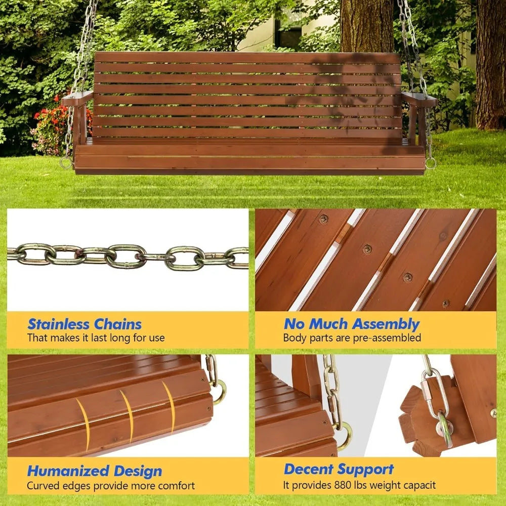 Upgraded wooden porch swings for courtyards and gardens, heavy-duty 880 pound outdoor swing benches with hanging chains