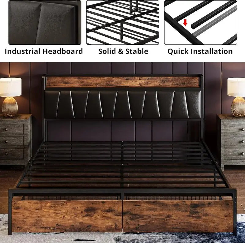 LIKIMIO King/CaliforniaKing Size Bed Frame with Headboard, Charging Station, 2 Storage Drawers, No Box Spring Needed