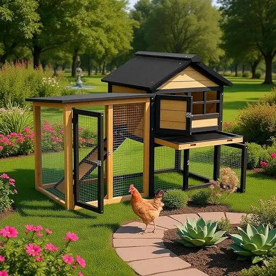 Chicken Coop, Chicken Run,Small Wooden Duck Coop Outdoor 2-Tier Hen House All Weather Used Poultry Quail Cage Rabbit Pet Hutch H