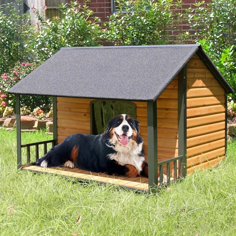 Outdoor Weatherproof Dog House - Easy to Assemble Puppy Shelter with All-Around Iron Frame & Fir Wood - Ideal for Large Dog Bree