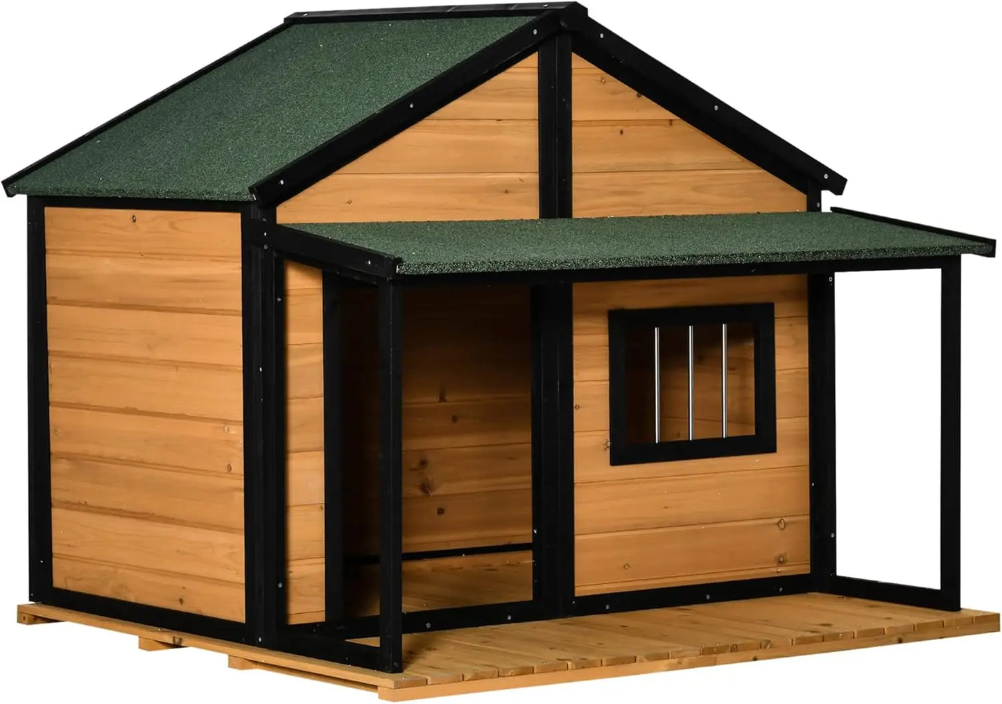 Outdoor Dog House Cabin Style, Wooden Raised Pet Kennel with Asphalt Roof, Front Door, Side Window, Porch for Medium/Large
