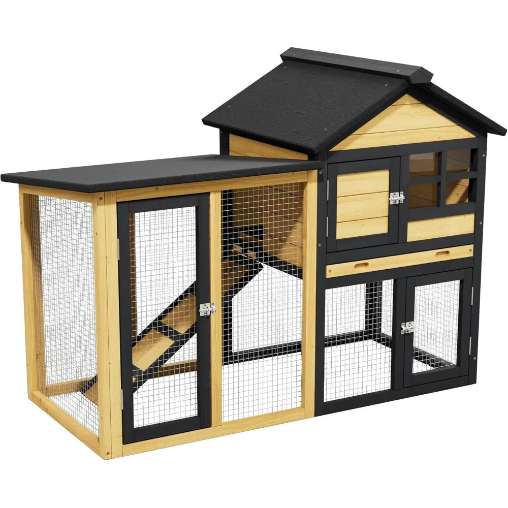 Chicken Coop, Chicken Run,Small Wooden Duck Coop Outdoor 2-Tier Hen House All Weather Used Poultry Quail Cage Rabbit Pet Hutch H