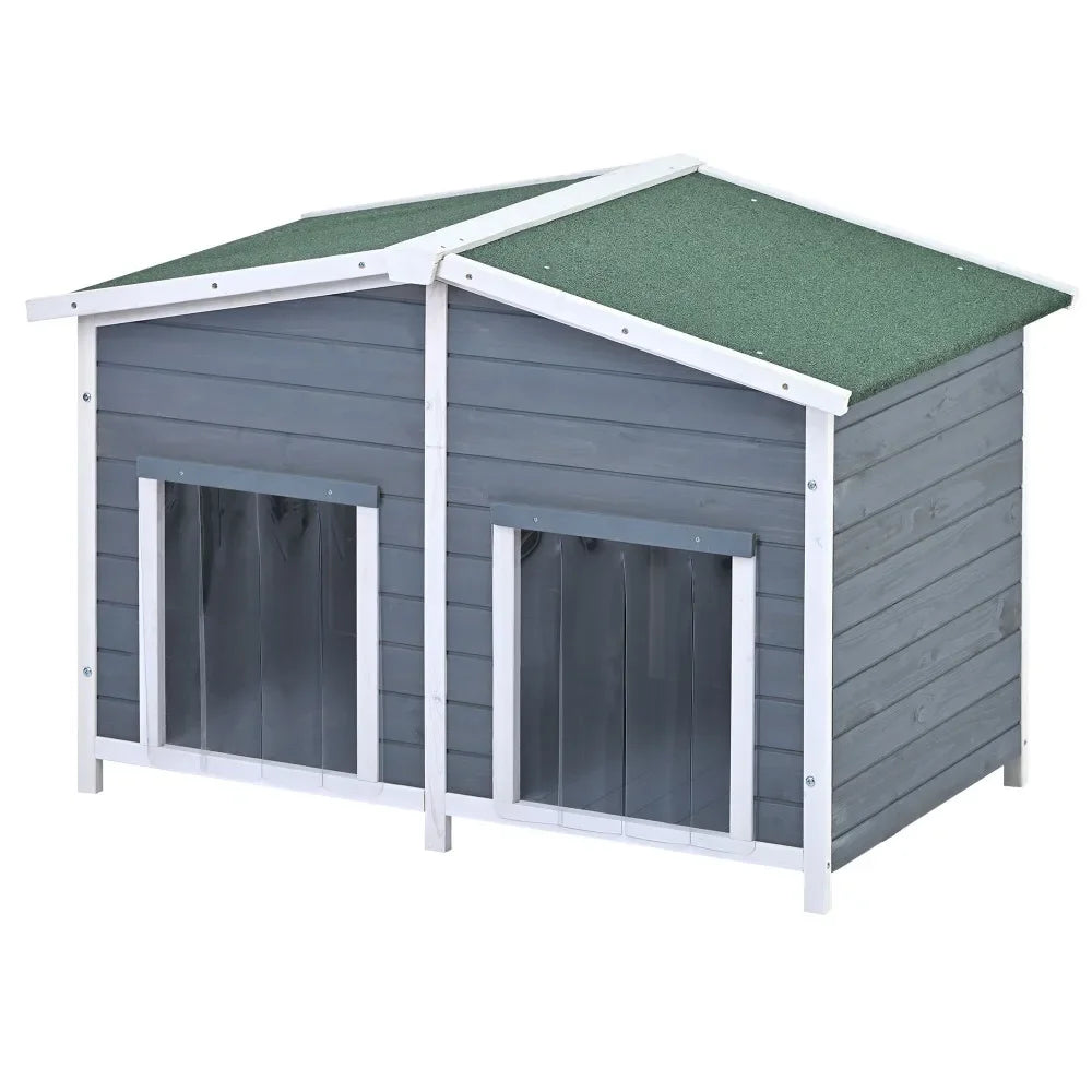 47.2" Large Wooden Dog House Outdoor, Outdoor & Indoor Dog Crate, Cabin Style, With Porch, 2 Doors, Gray And Green