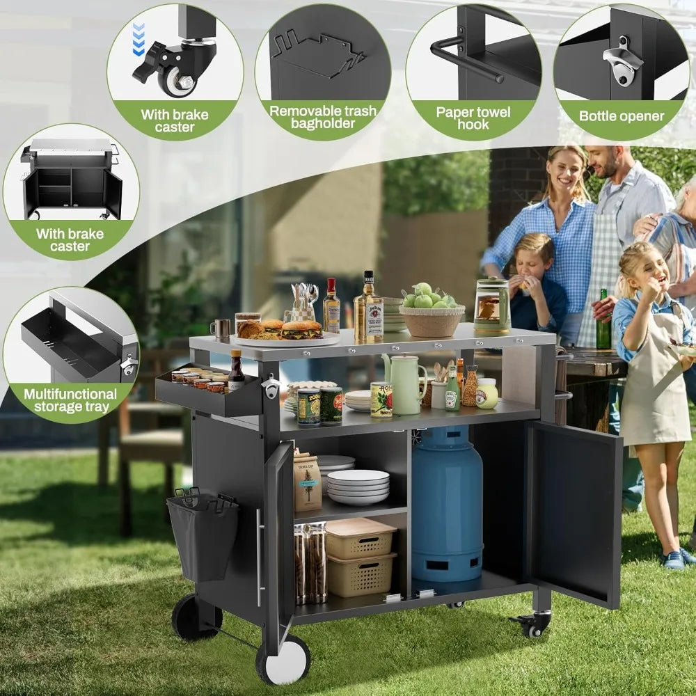 outdoor grill cart with patio furniture, outdoor grill table with storage,rolling bar cart outdoor bbq cart with hooks and spice