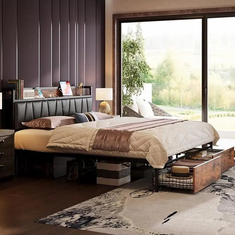LIKIMIO King/CaliforniaKing Size Bed Frame with Headboard, Charging Station, 2 Storage Drawers, No Box Spring Needed