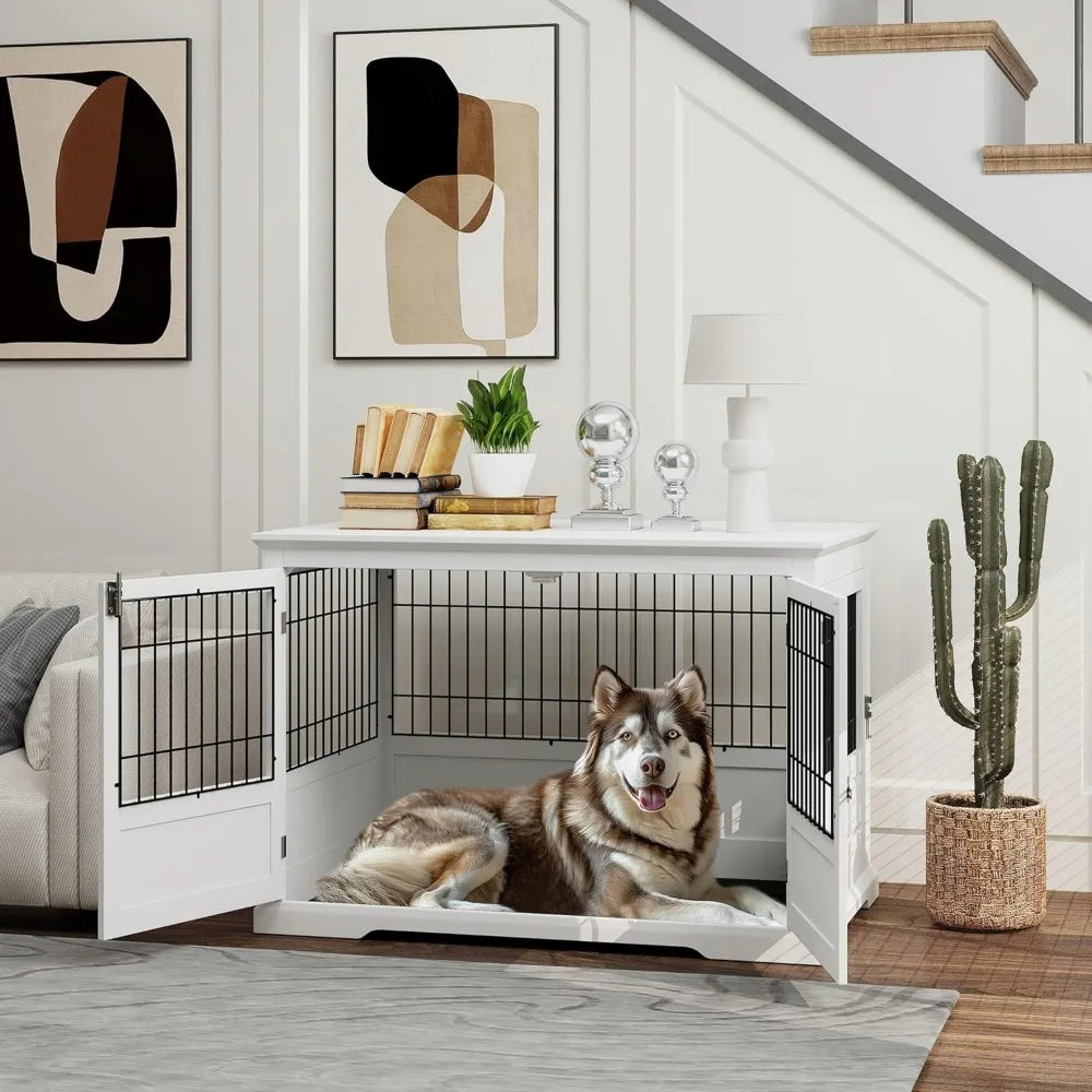dog crate furniture, 43" dog kennel end table with 3 doors, removable tray, indoor dog cage for extra large medium small dogs,