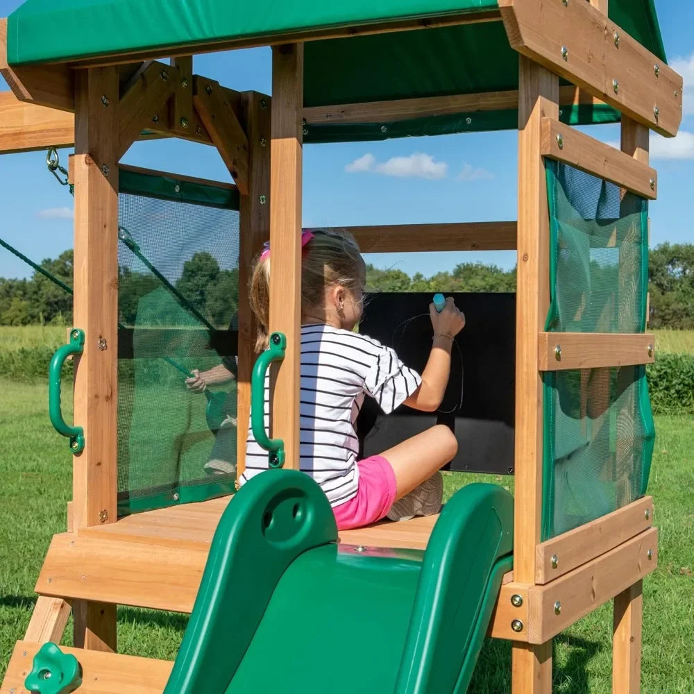 outdoors-Hot Sale - Wood Swing Set with Wave Slide, Play Deck, Rock Wall Ladder, Belt Swings, Chalkboard,Canopy Roof, Outdoor Pl
