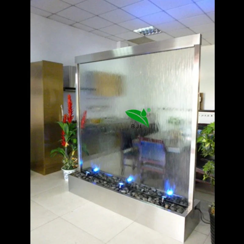 Custom. indoor artificial glass waterfall wall water feature hotel decoration