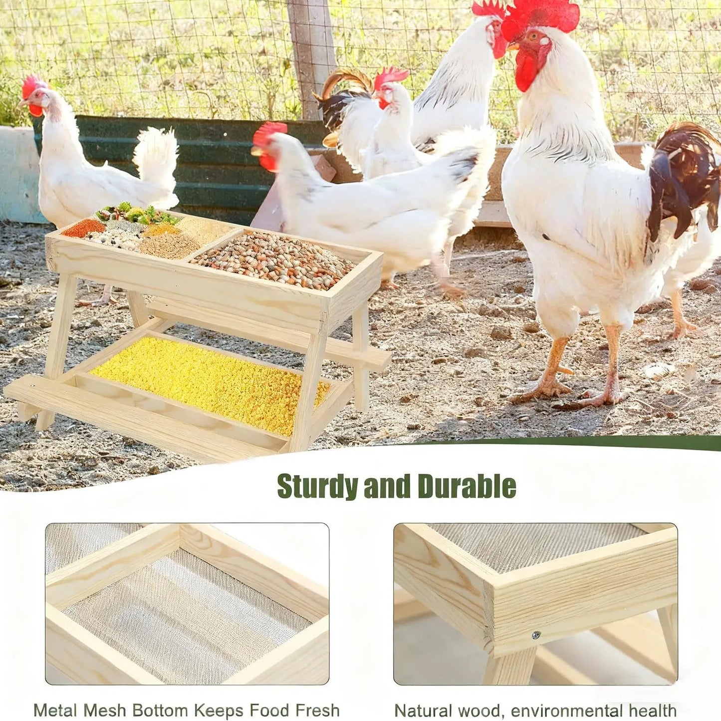 Chicken Picnic Table Double Layer Feeding Table Handmade Wooden Chicken Coop Feeder with 4 Grids for Poultry Ducks Turkeys Wild