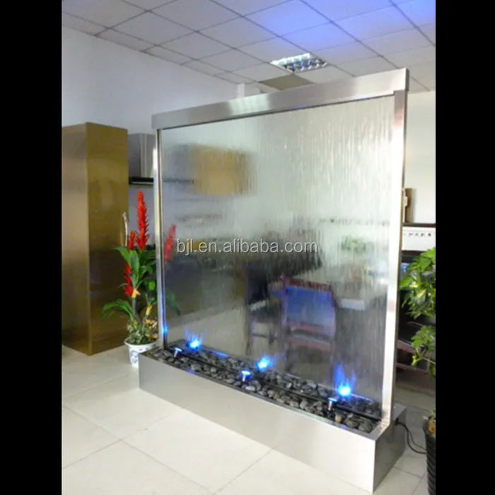 Custom. indoor artificial glass waterfall wall water feature hotel decoration