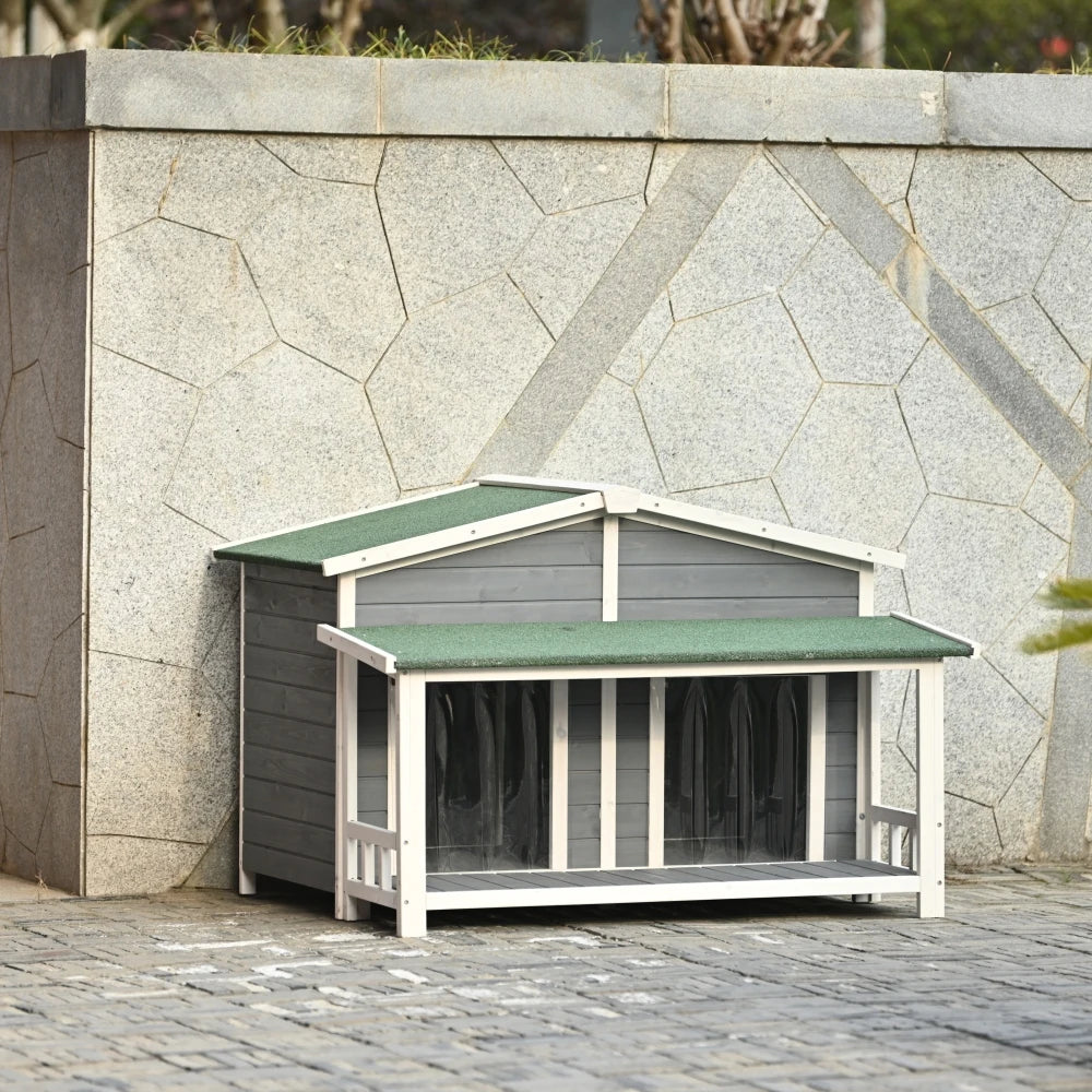 47.2" Large Wooden Dog House Outdoor, Outdoor & Indoor Dog Crate, Cabin Style, With Porch, 2 Doors, Gray And Green