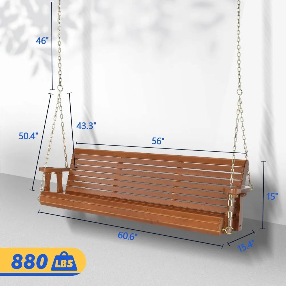 Upgraded wooden porch swings for courtyards and gardens, heavy-duty 880 pound outdoor swing benches with hanging chains