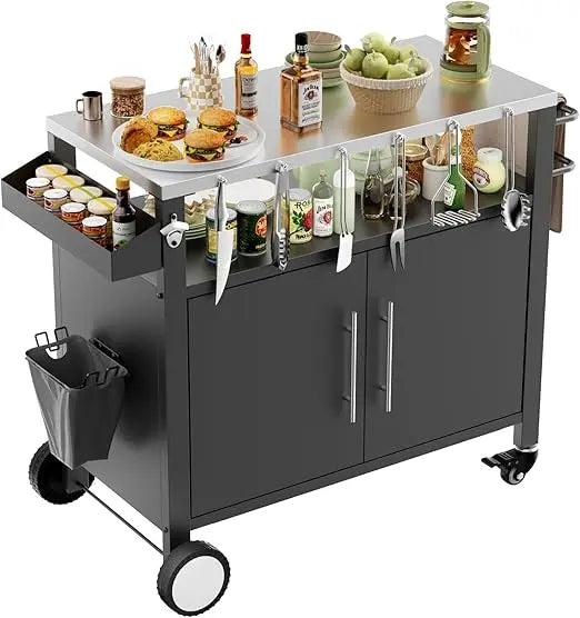 outdoor grill cart with patio furniture, outdoor grill table with storage,rolling bar cart outdoor bbq cart with hooks and spice