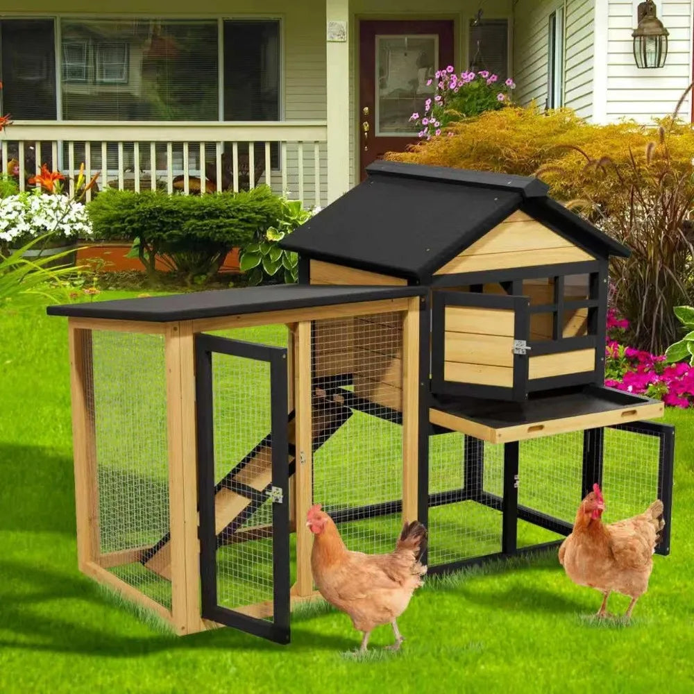 Chicken Coop, Chicken Run,Small Wooden Duck Coop Outdoor 2-Tier Hen House All Weather Used Poultry Quail Cage Rabbit Pet Hutch H