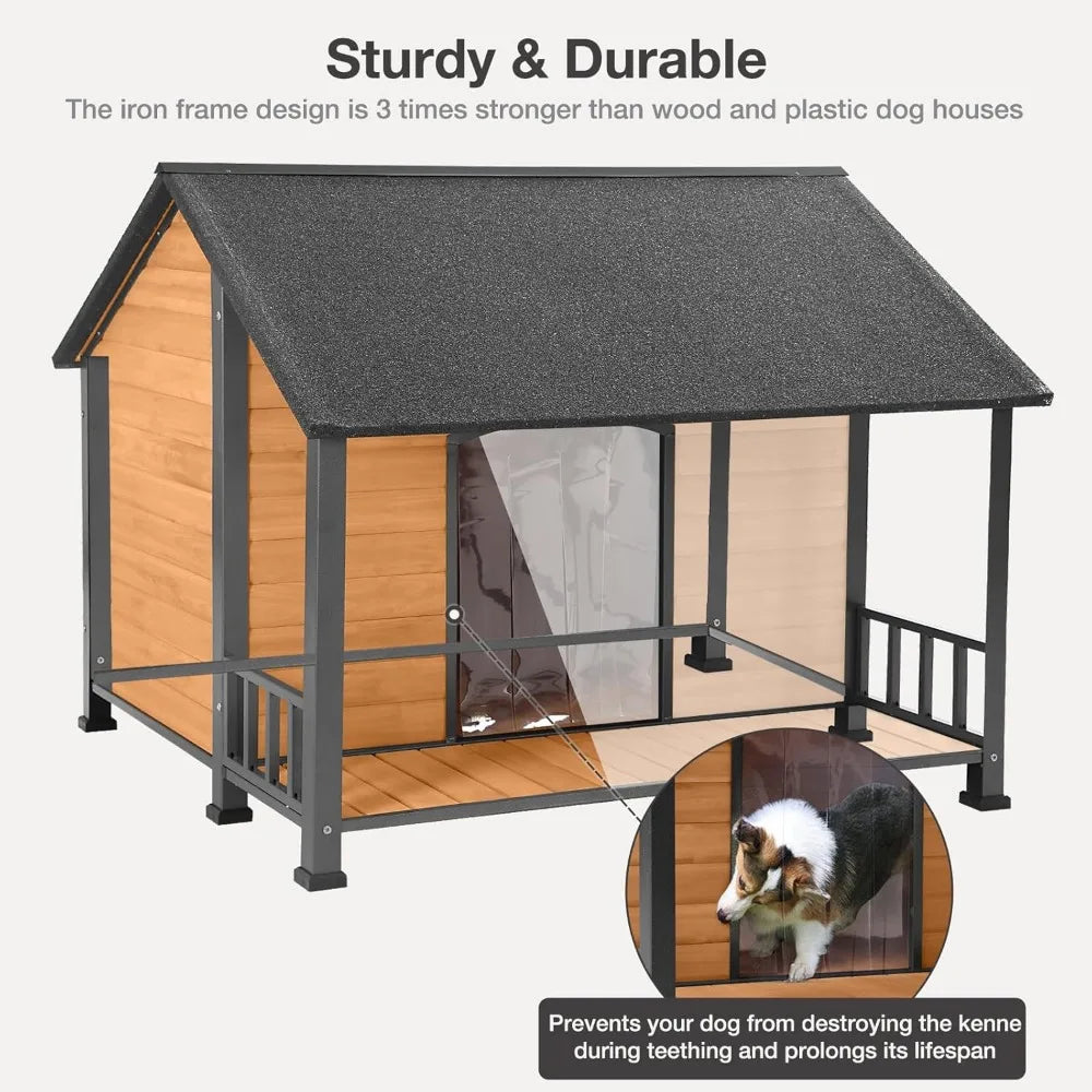 Outdoor Weatherproof Dog House - Easy to Assemble Puppy Shelter with All-Around Iron Frame & Fir Wood - Ideal for Large Dog Bree