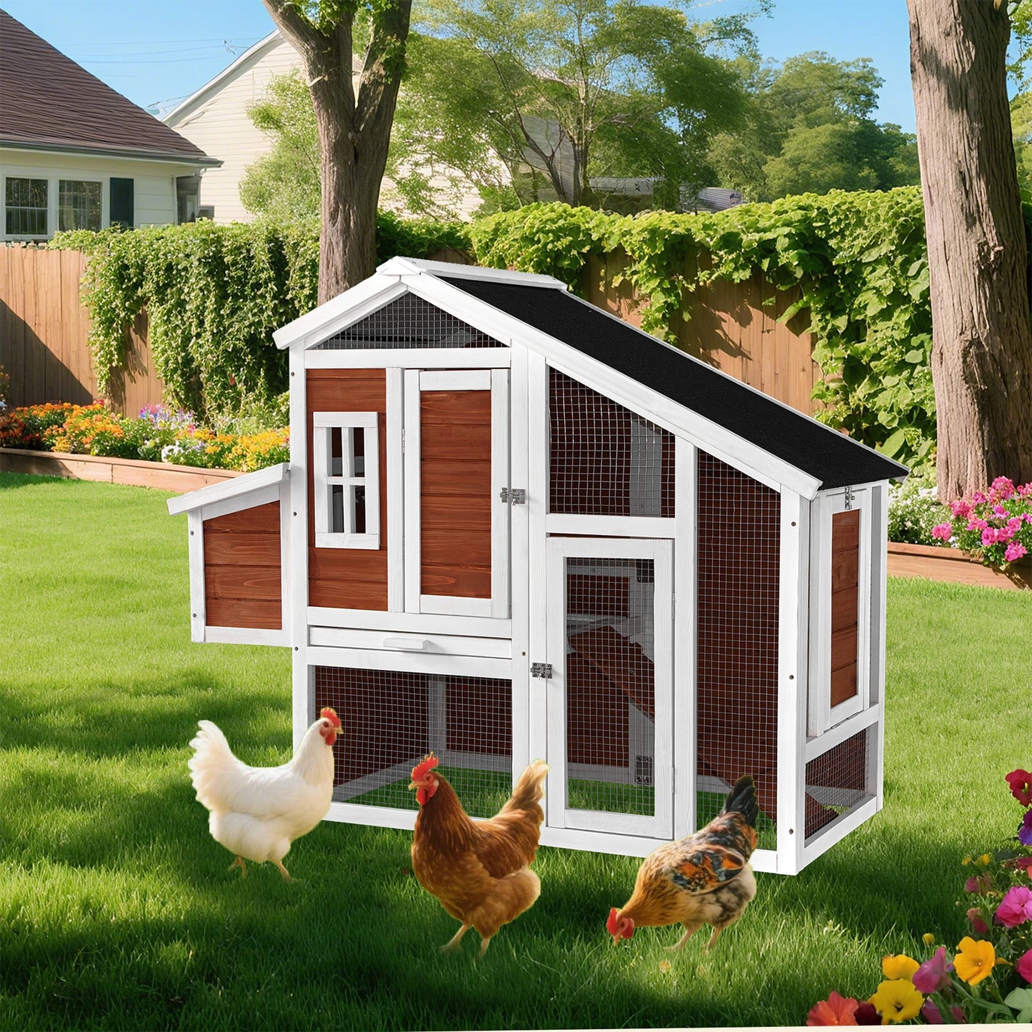 Chicken Coop, 51" Chicken Hen House, Wooden Poultry Cage with Large Nesting Box,