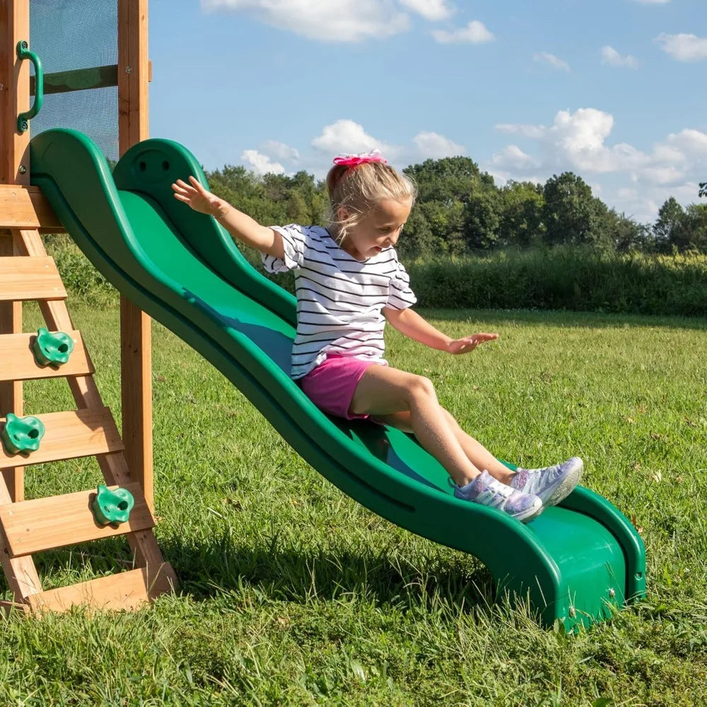 outdoors-Hot Sale - Wood Swing Set with Wave Slide, Play Deck, Rock Wall Ladder, Belt Swings, Chalkboard,Canopy Roof, Outdoor Pl