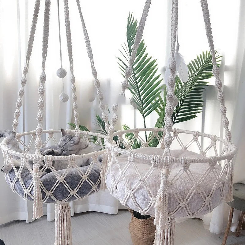 Pet Cat Hammock Cat Swing Hand Woven Cotton Rope Cats Hanging Basket Kitten Hanging String Den Indoor Pend Nest Pet Supplies