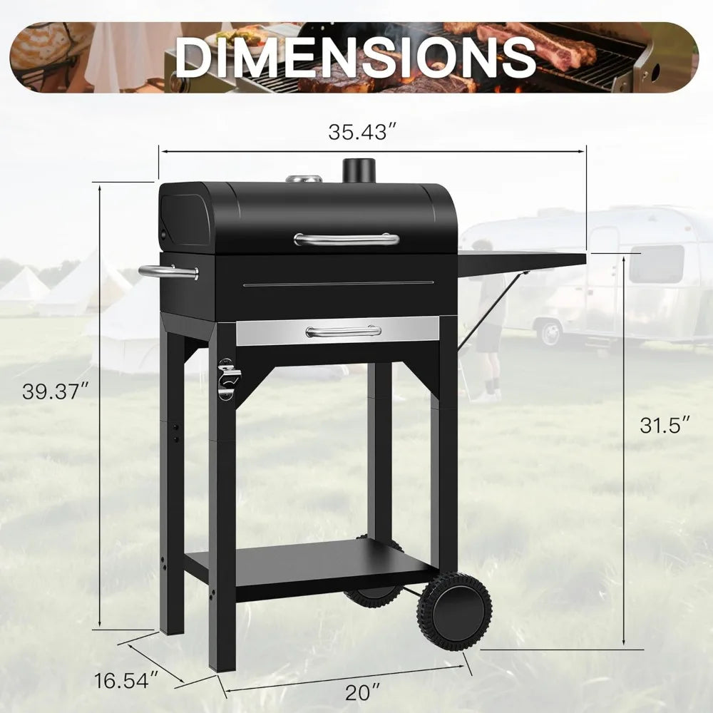 Sturdy Outdoor BBQ Grill with Offset Firebox, Side Shelf, and Warming Rack - Heavy Duty Charcoal Smoker Combo for Portable Use