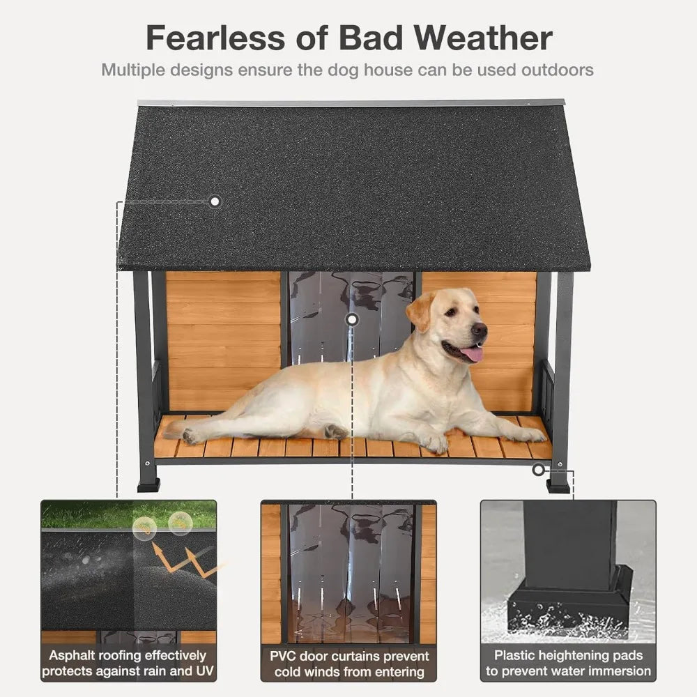 Outdoor Weatherproof Dog House - Easy to Assemble Puppy Shelter with All-Around Iron Frame & Fir Wood - Ideal for Large Dog Bree