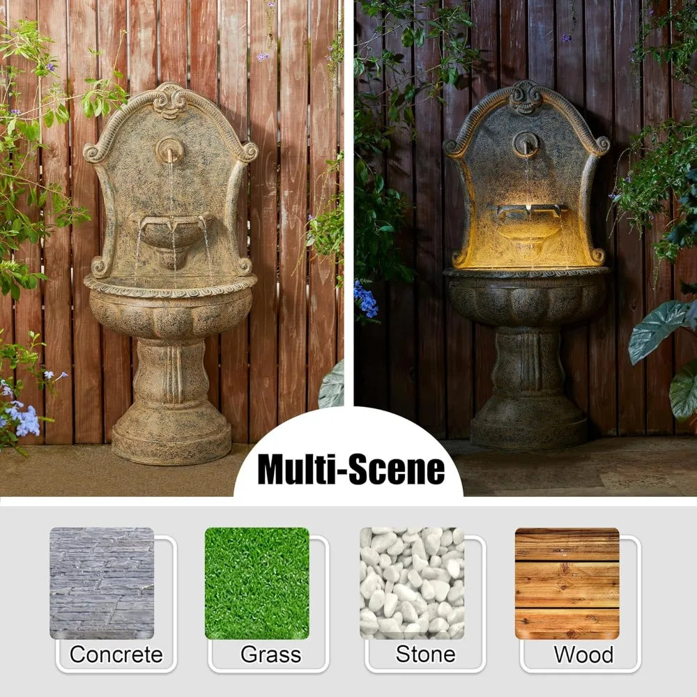 49 Inch Tall 2 Tier European-Style Outdoor Wall Waterfall Fountain with LED Lights and Pump