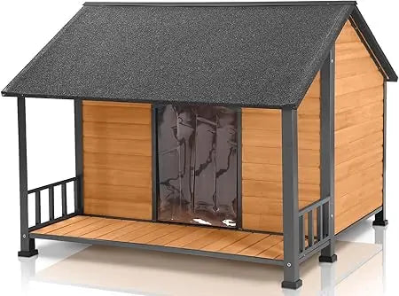Outdoor Weatherproof Dog House - Easy to Assemble Puppy Shelter with All-Around Iron Frame & Fir Wood - Ideal for Large Dog Bree