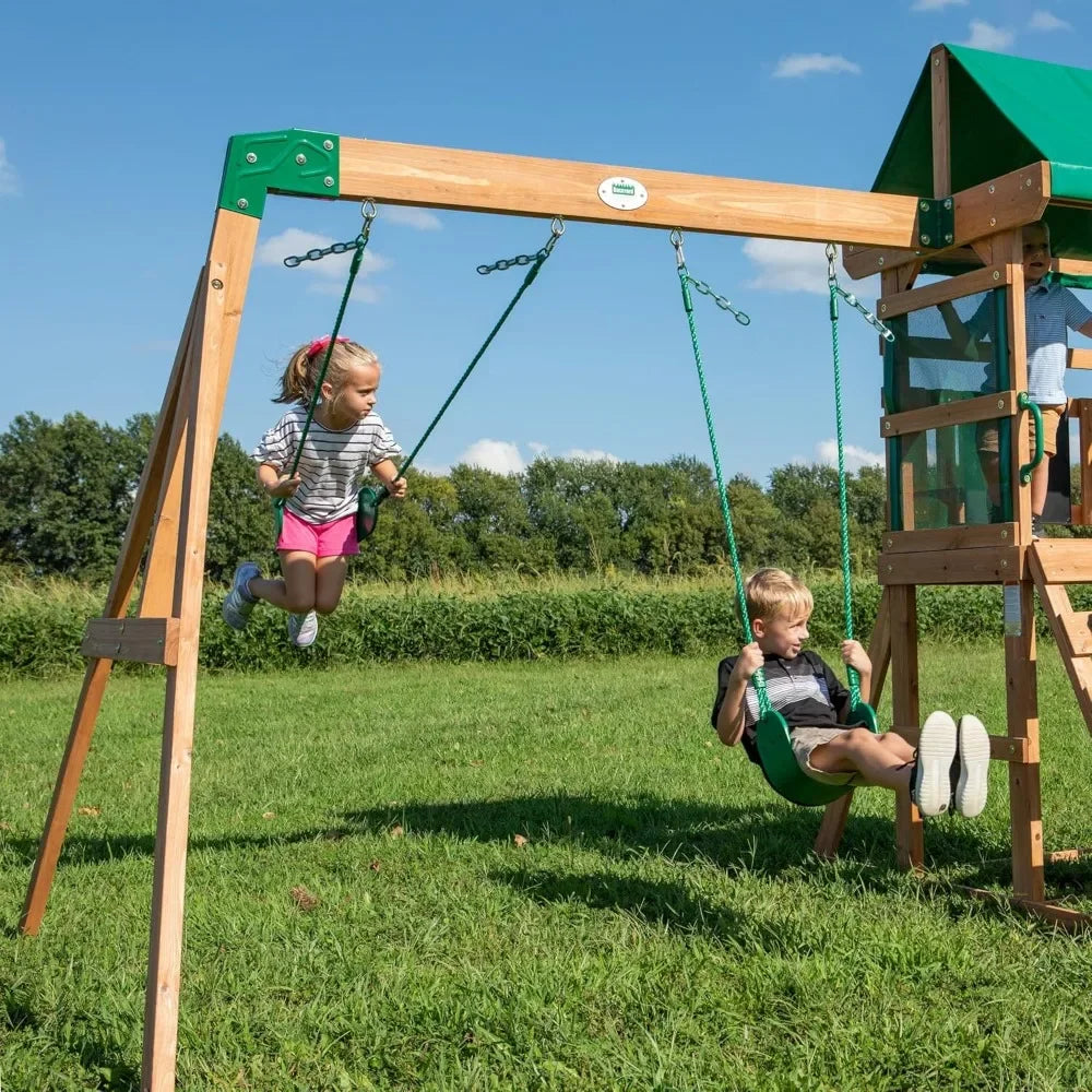 outdoors-Hot Sale - Wood Swing Set with Wave Slide, Play Deck, Rock Wall Ladder, Belt Swings, Chalkboard,Canopy Roof, Outdoor Pl