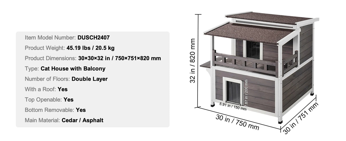 SucceBuy Outdoor Cat House Weatherproof Feral Cat Shelter 2-story Large Outdoor Wooden Cat House with Balcony Door and Open Roof