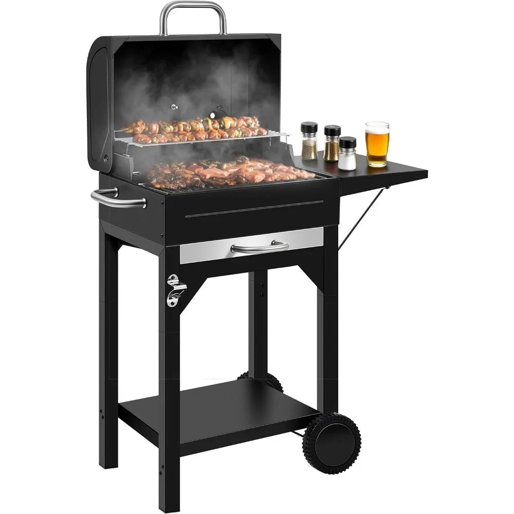 Sturdy Outdoor BBQ Grill with Offset Firebox, Side Shelf, and Warming Rack - Heavy Duty Charcoal Smoker Combo for Portable Use