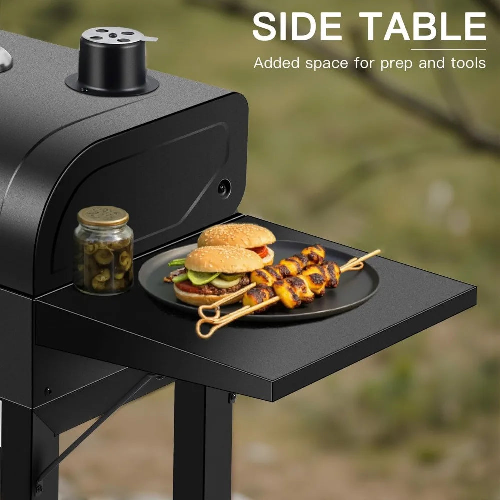 Sturdy Outdoor BBQ Grill with Offset Firebox, Side Shelf, and Warming Rack - Heavy Duty Charcoal Smoker Combo for Portable Use