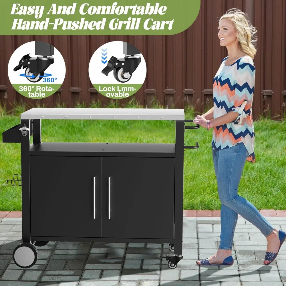 outdoor grill cart with patio furniture, outdoor grill table with storage,rolling bar cart outdoor bbq cart with hooks and spice