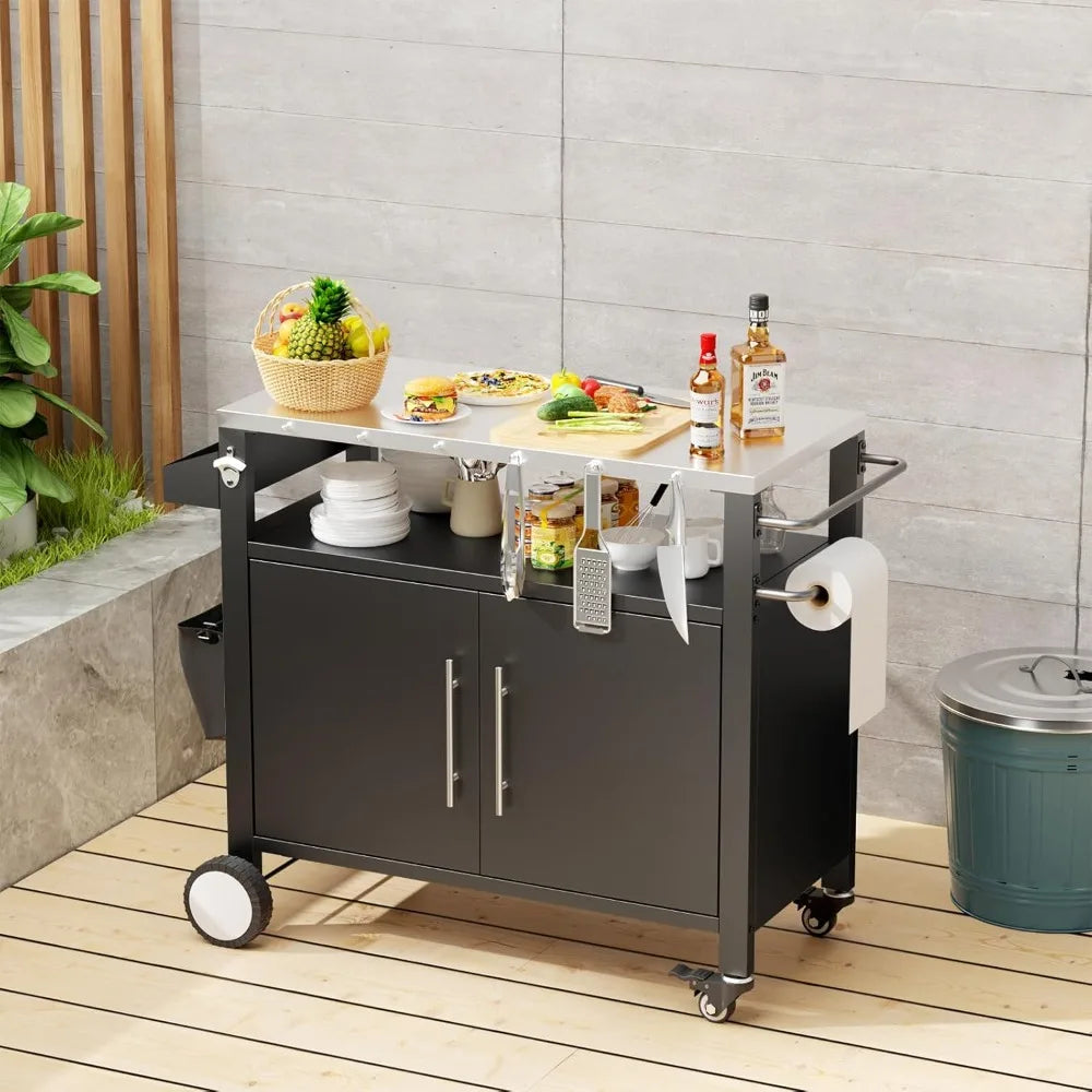 outdoor grill cart with patio furniture, outdoor grill table with storage,rolling bar cart outdoor bbq cart with hooks and spice