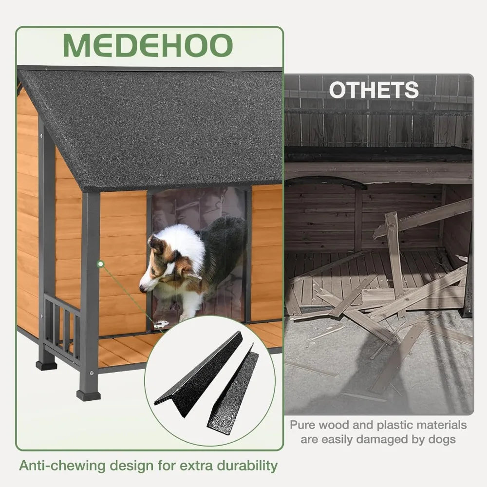 Outdoor Weatherproof Dog House - Easy to Assemble Puppy Shelter with All-Around Iron Frame & Fir Wood - Ideal for Large Dog Bree