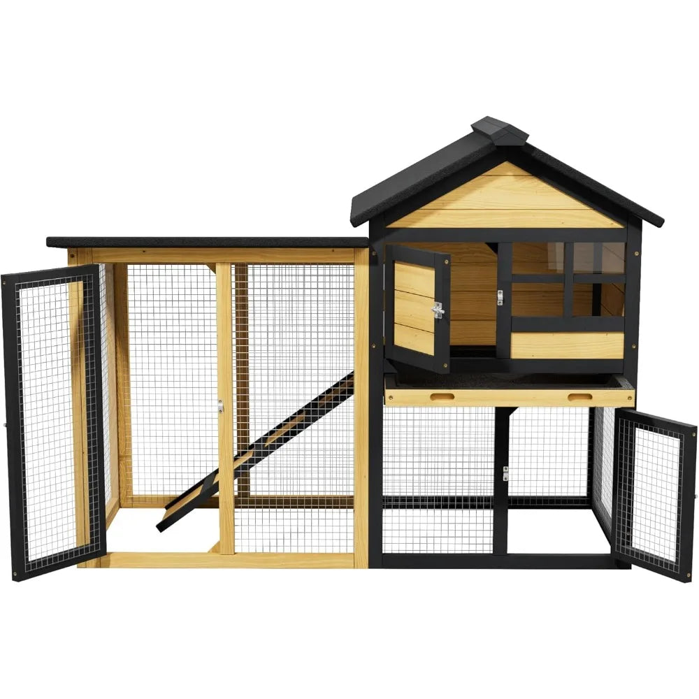 Chicken Coop, Chicken Run,Small Wooden Duck Coop Outdoor 2-Tier Hen House All Weather Used Poultry Quail Cage Rabbit Pet Hutch H