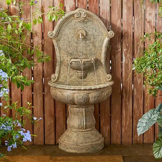 49 Inch Tall 2 Tier European-Style Outdoor Wall Waterfall Fountain with LED Lights and Pump