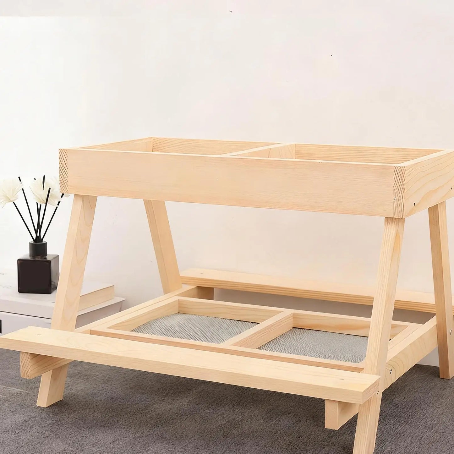 Chicken Picnic Table Double Layer Feeding Table Handmade Wooden Chicken Coop Feeder with 4 Grids for Poultry Ducks Turkeys Wild