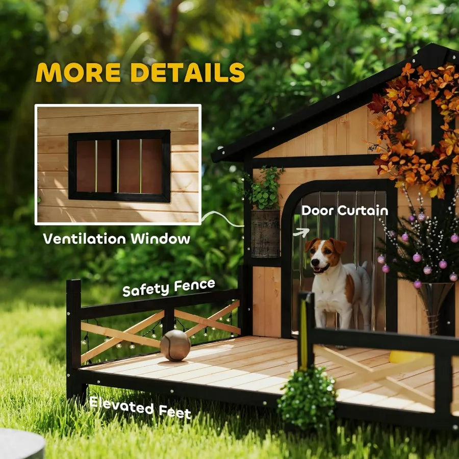 Wooden Large Dog House Outdoor Double XL Dog Kennel with Elevated Floor and Porch Weatherproof Puppy Shelter for Small and Medi