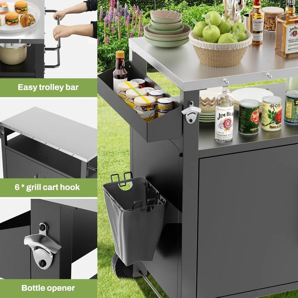 outdoor grill cart with patio furniture, outdoor grill table with storage,rolling bar cart outdoor bbq cart with hooks and spice