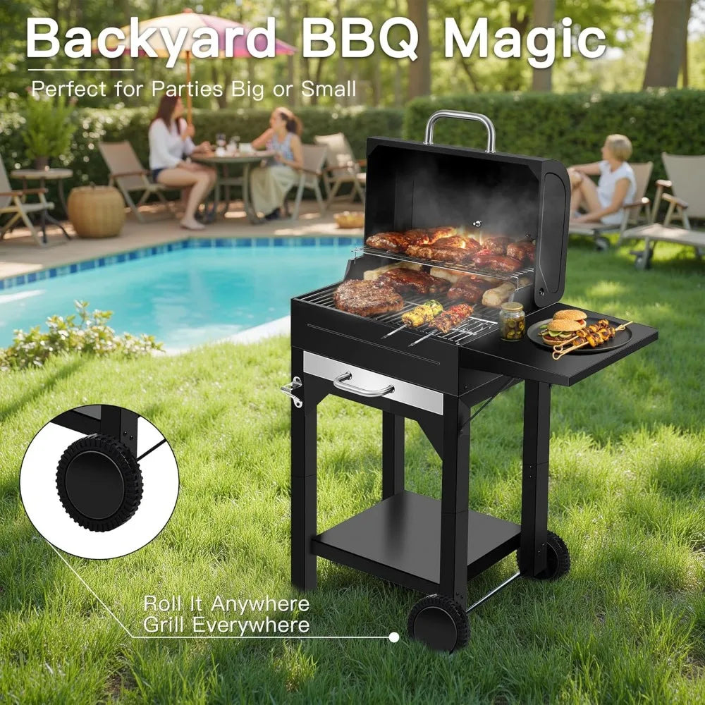 Sturdy Outdoor BBQ Grill with Offset Firebox, Side Shelf, and Warming Rack - Heavy Duty Charcoal Smoker Combo for Portable Use