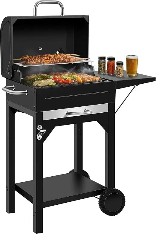 Sturdy Outdoor BBQ Grill with Offset Firebox, Side Shelf, and Warming Rack - Heavy Duty Charcoal Smoker Combo for Portable Use