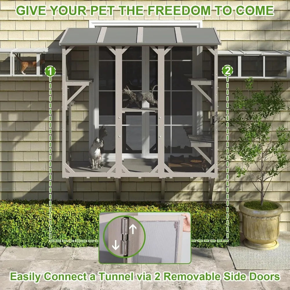 Cat Window Box,Wooden Window Catio for Indoor Cats,Expandable Outdoor Enclosure with 4 Platforms & 3 Doors,Secure Wall-Mounted P