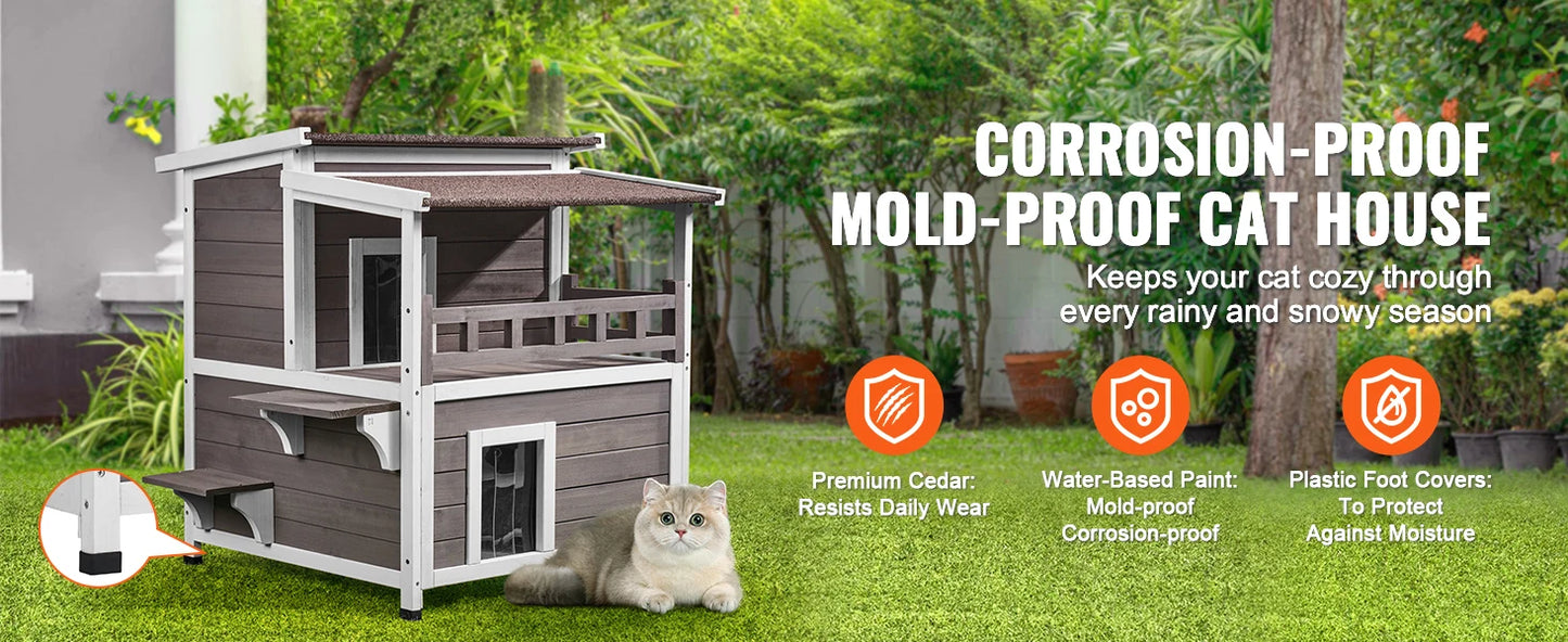 SucceBuy Outdoor Cat House Weatherproof Feral Cat Shelter 2-story Large Outdoor Wooden Cat House with Balcony Door and Open Roof