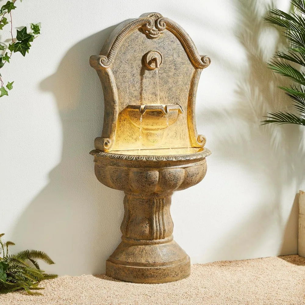 49 Inch Tall 2 Tier European-Style Outdoor Wall Waterfall Fountain with LED Lights and Pump