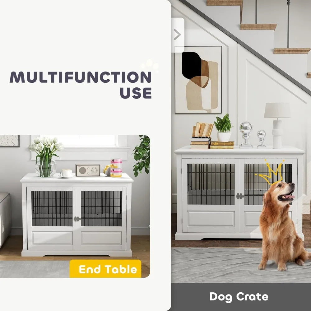dog crate furniture, 43" dog kennel end table with 3 doors, removable tray, indoor dog cage for extra large medium small dogs,