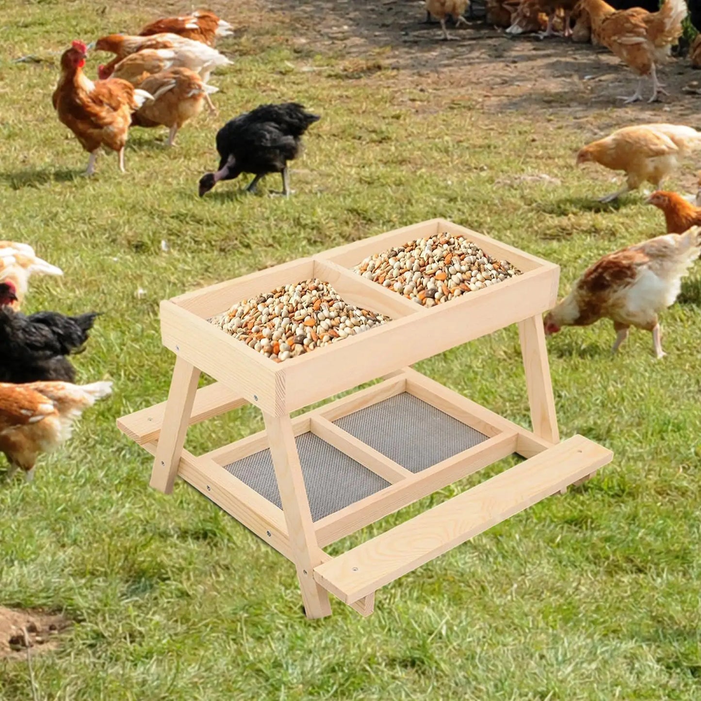 Chicken Picnic Table Double Layer Feeding Table Handmade Wooden Chicken Coop Feeder with 4 Grids for Poultry Ducks Turkeys Wild